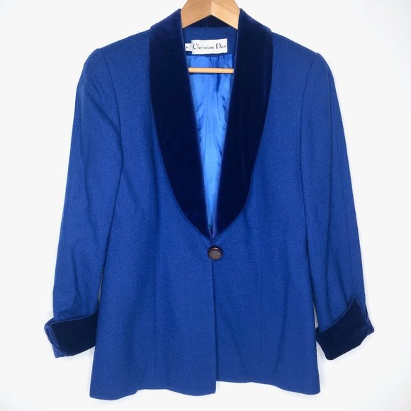 Vintage Christian Dior Blue Velvet Trim Blazer